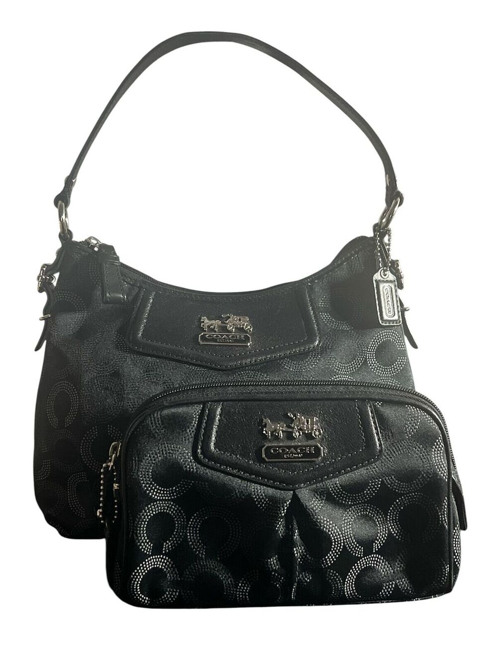 C6. 2010 Black Coach Madison Op Art Dotted Hobo Shoulder Bag w/matching pouch
